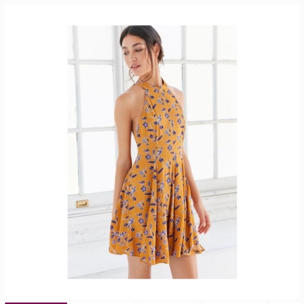 Kimchi Blue Mustard Floral Halter Mini Dress